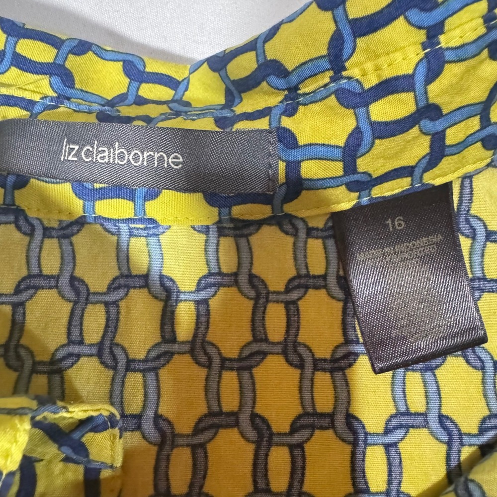 Liz Claiborne Womens Yellow Blue Geometric Chain Link Cotton Button Shirt 16 - Picture 4 of 6
